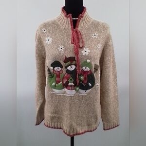 Timberlea Cream SNOWMAN With MITTENS 1/4 Zip Up Christmas Holiday Sweater Sz LG